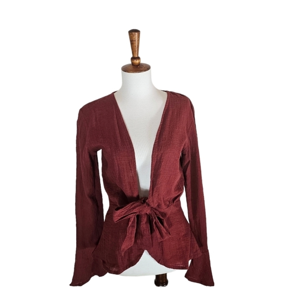 Rue‎ Stiic Cardigan 100% Cotton Burgundy Medium Y2k Bow Tie Front  NWT